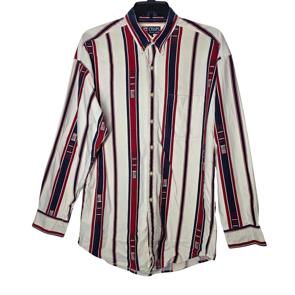 Vintage Chaps Ralph Lauren CRL USA Flag Striped Button Down Shirt Mens Large